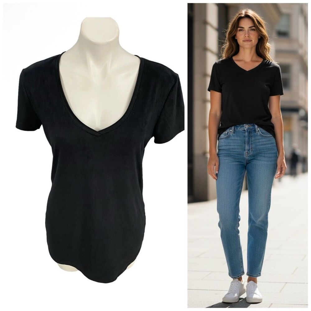 Laila Jayde Top Womens Small Tee Shirt Black Soft Faux Suede Basic Capsule Work
